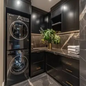 Melamine Cinder and Black Marble Carrara Laundry